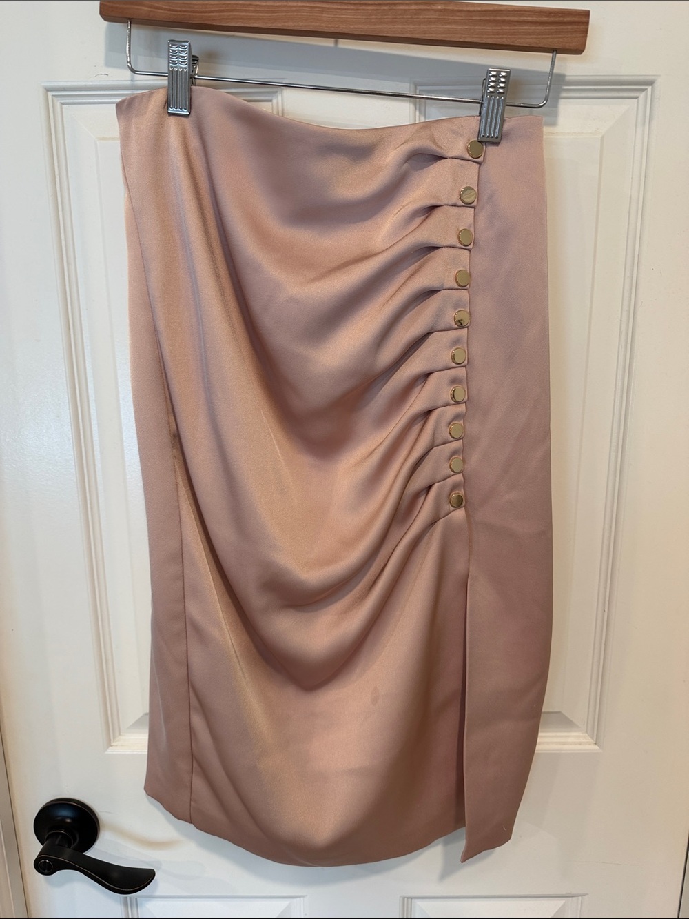 BCBGMaxAzria Dusty Rose Ruched Pencil Skirt with Gold Buttons